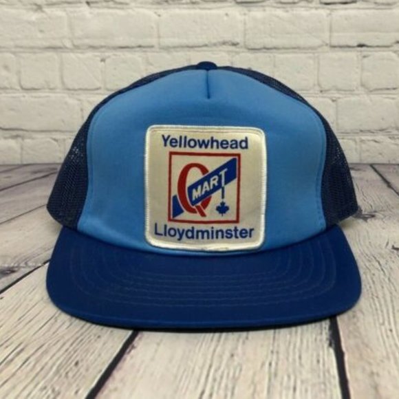 Vintage Hat Cap Snapback Blue YELLOWHEAD Q Mart Lloydminster Trucker Mesh Patch - Picture 1 of 7